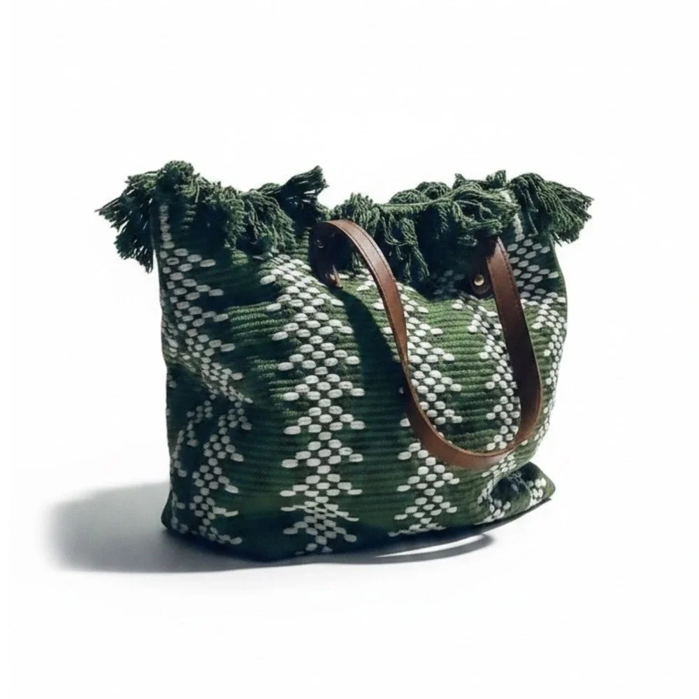 Green‎ White Woven Fringe Tote Bag Boho Knit Shoulder Bag with Leather Straps